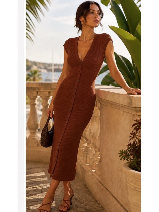 Reformation Dresses & Skirts - Reformation Chocolate Brown Ribbed Button-Front Midi Dress